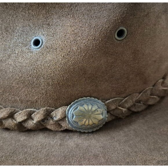 VTG Henschel Hat Co USA Brown Leather Australian Outback Hat Braided Band Size L - Picture 2 of 8